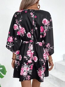 Breezaya Women's Simple Daily V-Neck Random Printed Dress Vacation Beach Outfit - Black - View 2