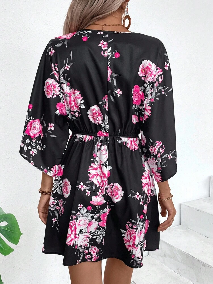 EMERY ROSE 女士简约日常 V 领随机印花连衣裙度假海滩装 - 黑色 - 查看 2