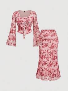 SHEIN MOD 大码女式花卉印花扭纹前开襟喇叭袖上衣和鱼尾裙优雅套装 - 粉色 - 查看 9