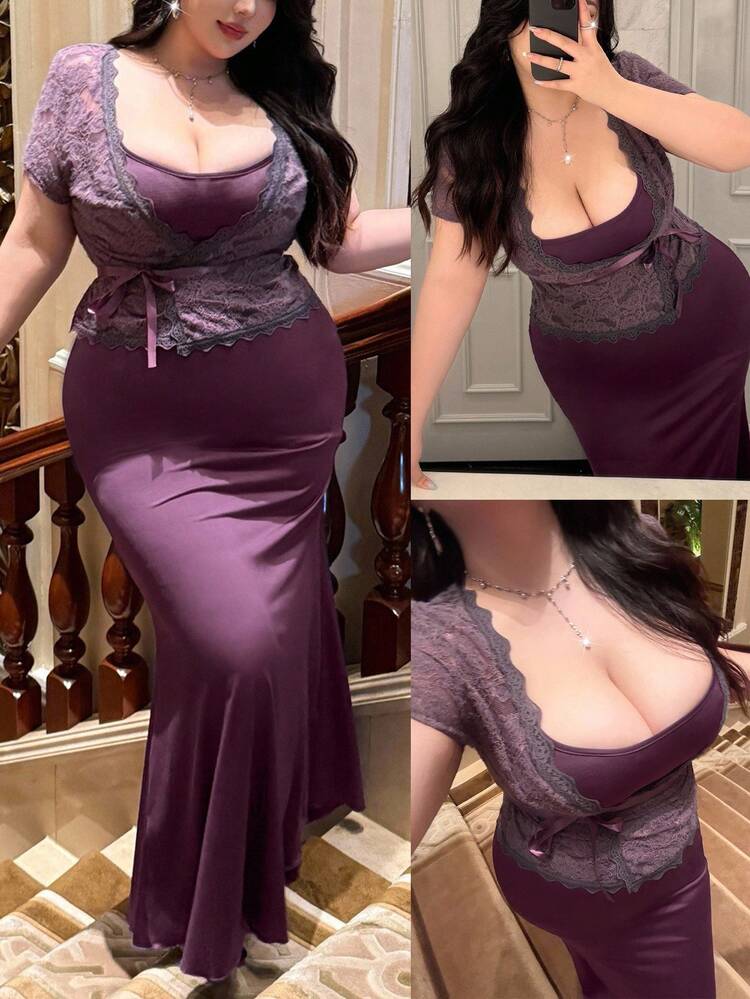 Flirla 大码女式 V 领蕾丝边拼接长袖紧身开衫夹克 + 紧身细肩带美人鱼长裙，优雅复古性感紫色女士休闲节日派对 2 件套 - 紫色 - 查看 1