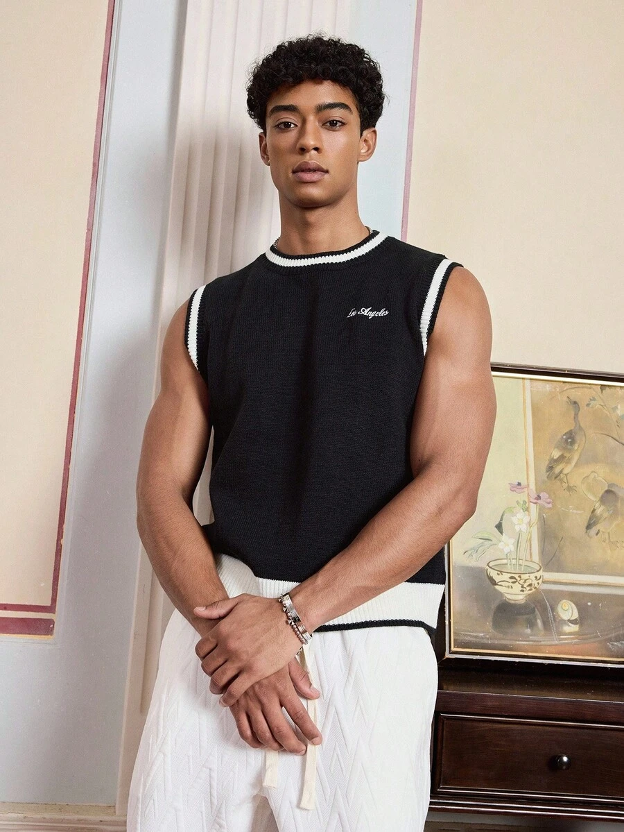 SWAVVY 标准尺寸男士撞色圆领无袖休闲针织背心毛衣，秋季，冬季 - 黑色 - 查看 1