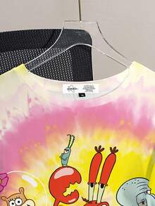 SpongeBob SquarePants | SHEIN 大码女式夏季休闲日常度假趣味可爱卡通扎染印花宽松落肩T恤 - 白色 - 查看 7