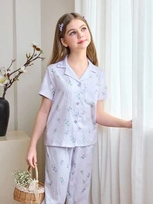 少女花卉印花纽扣前襟衬衫和裤子睡衣套装 - 淡紫色 - 查看 1