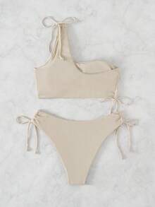 Swim Basics Summer Beach Rib One Shoulder Tie Side Bikini - Beige - View 2