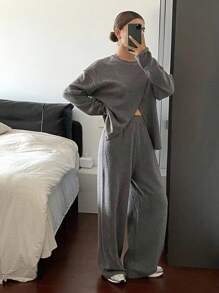 Livesso 女士休闲宽松圆领上衣和阔腿裤两件套 - 灰色 - 查看 5