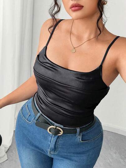 Flirla 大码女式性感简约高弹力 PU 皮革吊带背心，安哥拉红，性感细肩带背心