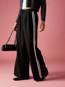 MISSGUIDED Pantalon large avec rayures latérales, taille plissée, tenue de bureau formelle, carrière élégante, porter pour l'hiver, le printemps et l'automne, pour occasions professionnelles - Noir et Blanc - Voir 3