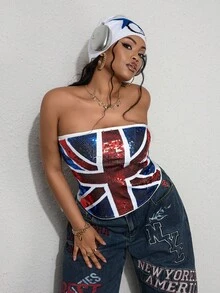 ROMWE Plus Size Hippie Y2K Fashionable Musician Style Flag Collegiate Beaded Embroidery Cropped Top, Suitable For Back To School, Parties, Music Festivals - Blue - View 1