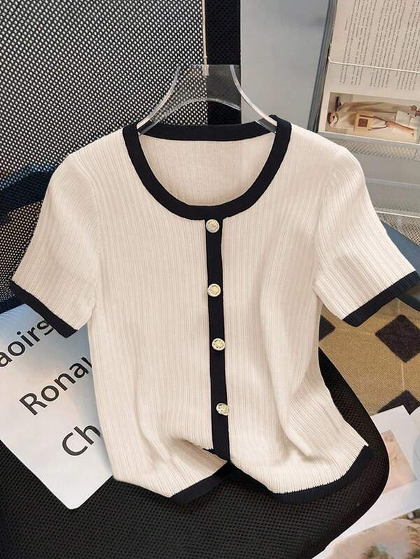 EMERY ROSE Camiseta de manga corta casual de mujer con ribete de contraste, verano