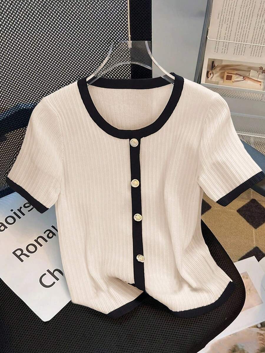 EMERY ROSE Women's Casual Contrast Trim Short Sleeve T-Shirt, Summer