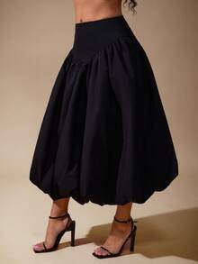 Vixey Váy midi đen dệt kim thoáng khí chống nhăn cho nữ, viền phồng eo - màu đen - Xem 4