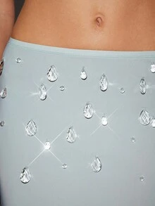 Hauture Women's Sexy Night Out Party Going Out Y2K Rhinestone Decor Cropped Fitted Bandeau Top - Dusty Blue - View 2