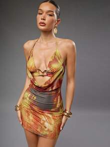 Hauture Damen Partykleid für Nachtausgänge, sexy Cowl-Ausschnitt mit goldenem Ornament-Detail und abstraktem Muster, Minikleid - Verschiedenfarbig - Übersicht 1
