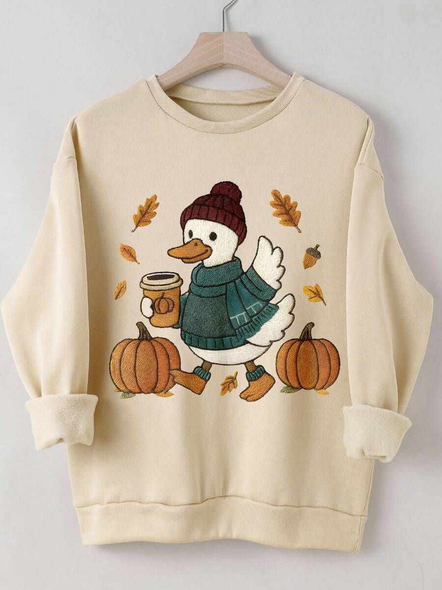 时尚可爱的秋季鸭子和南瓜图案套头衫，女士圆领长袖休闲装 - 杏色 - 查看 1