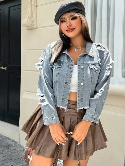 SHEIN EZwear Plus Size Women's Autumn Long Sleeve Distressed Single-Breasted Frayed Hem Casual Denim Jacket