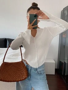 DAZY Áo len dệt kim dáng ôm tay dài xẻ tà màu trơn cho nữ, mùa thu/đông - trắng - Xem 5