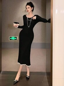 DAZY 女士优雅拼色圆领毛衣裙，秋季舞会礼服 - 黑色 - 查看 8