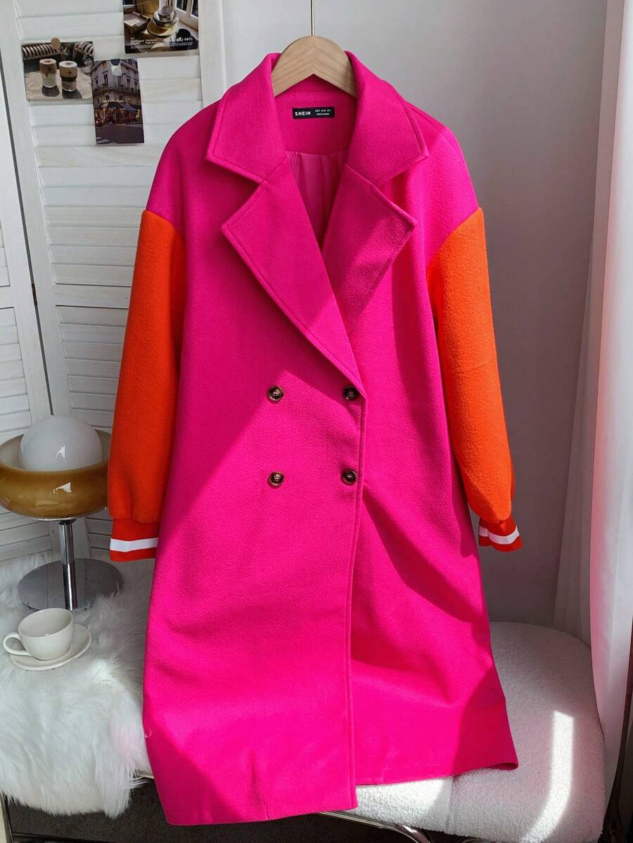 SHEIN EZwear Colourblock Drop Shoulder Double Breasted Overcoat - Hot Pink - View 1