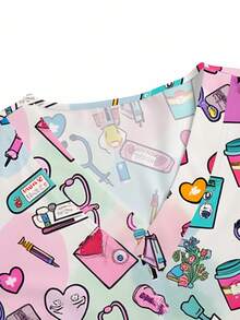 PopScrub Plus Size Women V-Neck Short Sleeve Double Pocket Cartoon Equipment Printed Nurse/Doctor Work Uniform Top, Plus Size Women Solid Color Pet Grooming Work Uniform Top, Plus Size Nutritionist Work Uniform Short Sleeve, Plus Size Functional Multi-Pocket Lab Work Uniform, Plus Size Functional Women's Holiday Wear, Summer - Multicolor - View 3