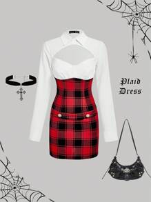 SHEIN MOD فستان طويل الأكمام تفتيش 2 في 1 مناسب للنساء، فستان رجعي، طقم عودة للمدرسة - ابيض واحمر - مشاهدة 1
