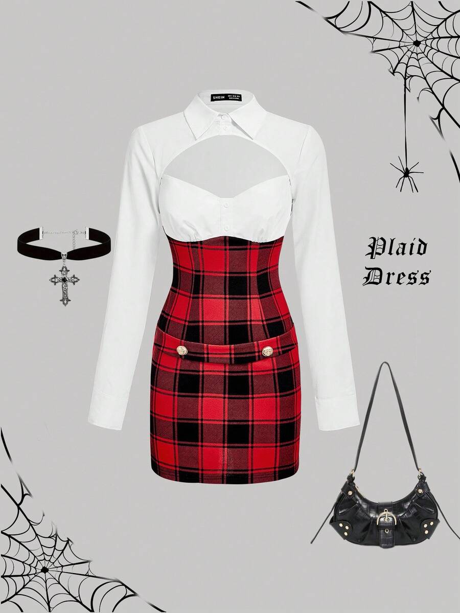 SHEIN MOD فستان طويل الأكمام تفتيش 2 في 1 مناسب للنساء، فستان رجعي، طقم عودة للمدرسة - ابيض واحمر - مشاهدة 1