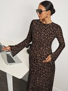 MaterniWear 休闲时尚豹纹宽松长袖孕妇装 - 棕色 - 查看 4