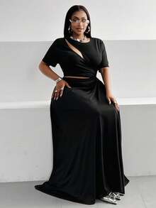 Maweii 大码女式优雅纯色不对称镂空短袖连衣裙