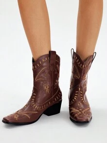 Styleloop 女士棕色方头粗跟白色刺绣图案时尚一脚蹬踝靴，适合万圣节、圣诞节、派对 - 棕色 - 查看 6