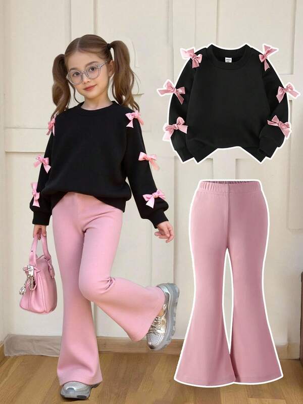 SHEIN 2pcs/Set Young Girl' Minimalist Fashion Pink Bow Black Top And Pink Pants Sweatsuit Set Fall Winter