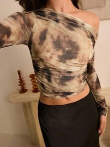 Bluhae Women's Autumn Knitted Elastic Mesh Tie-Dye Print Asymmetric Ruched Off Shoulder/Asymmetrical Shoulder Long Sleeve Casual Sexy T-Shirt Fall Cloth For Women - Multicolor - View 3