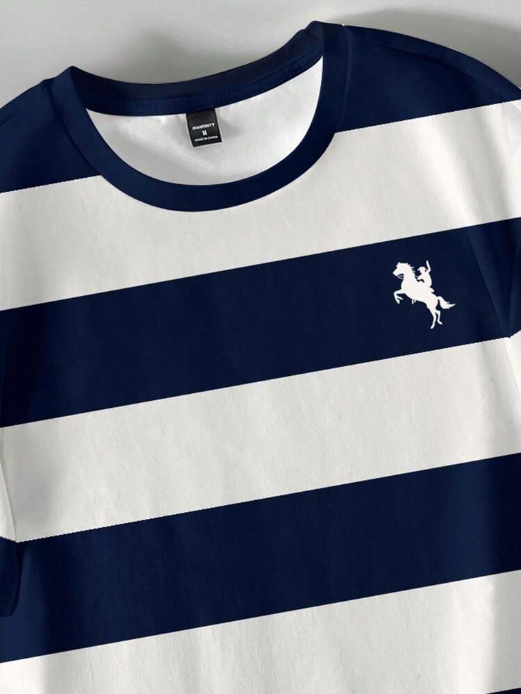 Manfinity Hypemode Fashionable Casual Young Retro Contrast Stripe Equestrian Silhouette Digital Print Pattern Standard Fit Men Short Sleeve T-Shirt, Suitable For Dates, Gatherings, Essential, Suitable For Couples, Family Matching, Great Gift For Boyfriend Casual Cotton T-Shirt - White - View 2