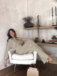 SHEIN 大码女式纯色阔腿灯笼袖前蝴蝶结细节两件套 - 米色 - 查看 6