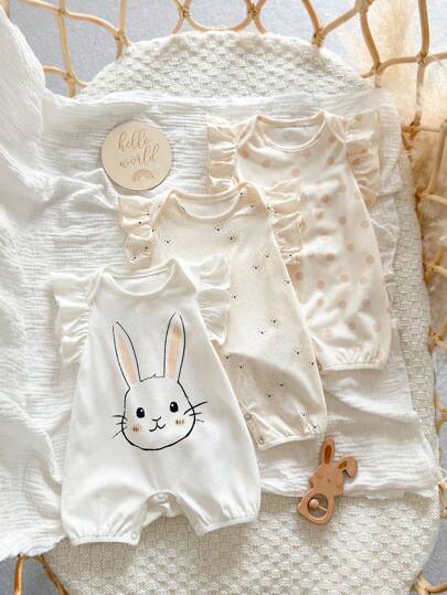 SHEIN 3pcs/Set Newborn Baby Girls' Cute Cartoon Pattern Knitted Rompers, Summer Graphic