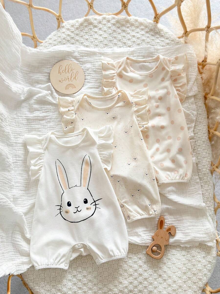 SHEIN 3pcs/Set Newborn Baby Girls' Cute Cartoon Pattern Knitted Rompers, Summer Graphic - Multicolor - View 1