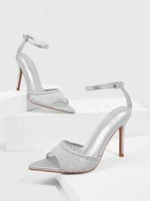 CUCCOO SZL 女士尖头优雅灰色蕾丝穆勒高跟凉鞋 - 灰色 - 查看 2