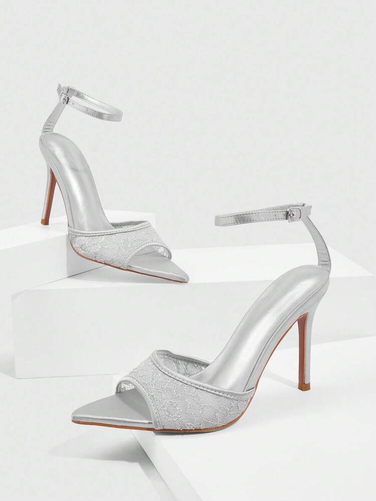 CUCCOO SZL Women's Pointed Toe Elegant Grey Lace Mule High Heel Sandals