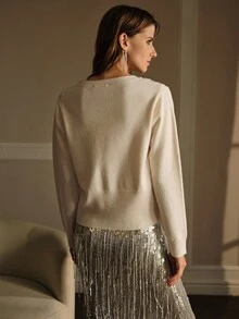 MOTF PREMIUM 对比色人造珍珠和亮片V领开衫 - 杏色 - 查看 4