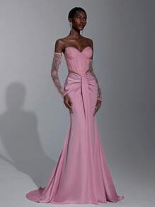 Elitara 优雅莲花粉色蕾丝拼接缎面紧身胸衣，搭配透明鱼骨胶条，飘逸下摆，适合度假、约会、生日派对、婚礼、毕业典礼、正式晚会 - 藕粉色 - 查看 2