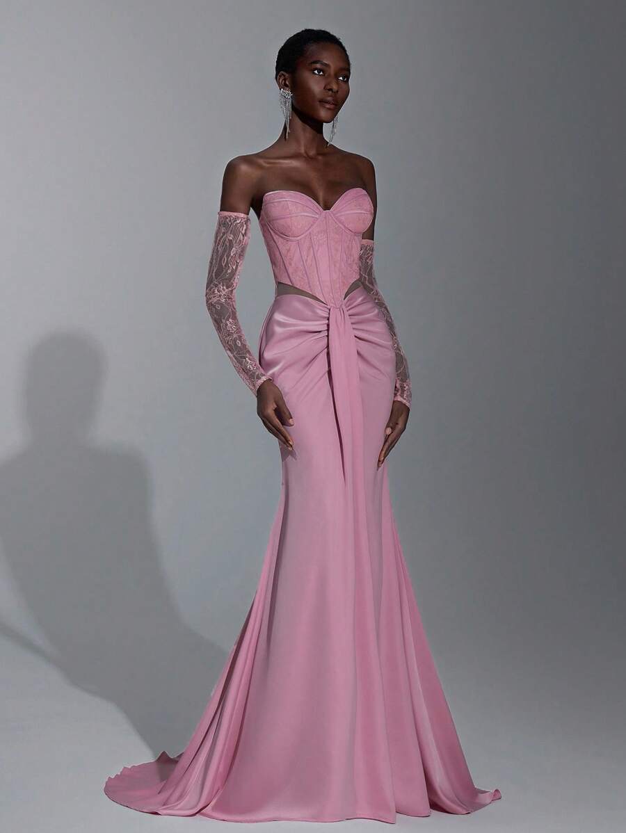 Elitara 优雅莲花粉色蕾丝拼接缎面紧身胸衣，搭配透明鱼骨胶条，飘逸下摆，适合度假、约会、生日派对、婚礼、毕业典礼、正式晚会