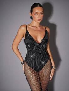 Hauture 性感夏日派对透明渔网热修复缀饰深褶领修身长裙 - 黑色 - 查看 3