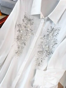 GlowEve CURVE Blusa elegante de manga farol con bordado de lentejuelas y strass para tallas grandes - Blanco - Ver 7