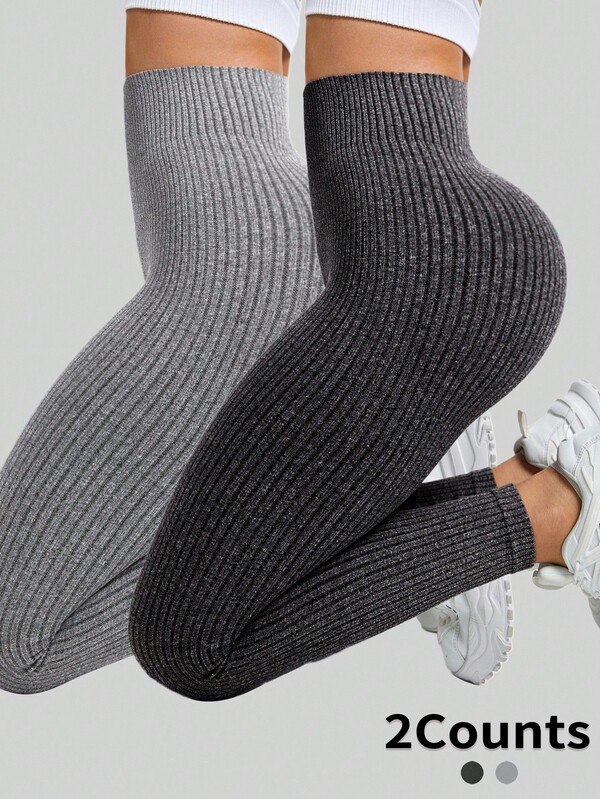 Gameset SHEIN Sport 2PCS Women Sports Leggings Ribbed Leggings High Waisted Leggings Workout Leggings Gym Leggings Yoga Leggings Athletic Leggings Knit Leggings Thick Leggings