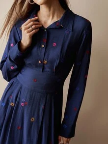 Váy dài tay thanh lịch, dáng dài vừa phải dành cho nữ, phong cách Bohemian mùa thu/đông, trang phục công sở thường ngày dự tiệc tốt nghiệp dành cho nữ - Màu xanh lam - Xem 1