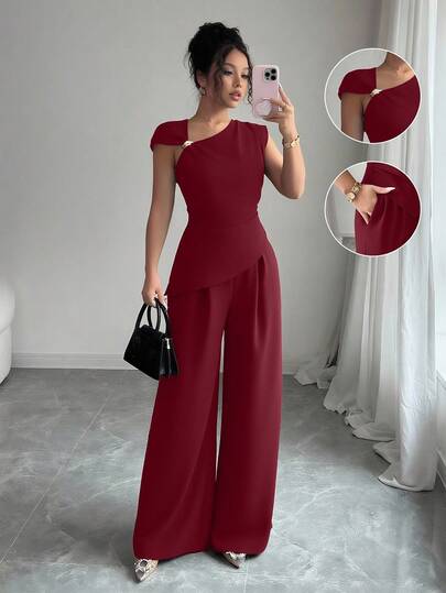 Elenzga 女士优雅露肩金属装饰无袖不对称下摆修身上衣和宽松直筒裤两件套，适合春夏度假