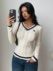 SHEIN EZwear 2025新款极简主义秋冬女式撞色条纹V领长袖修身绞花针织套头毛衣，适合外出乡村风格，秋季万圣节女式冬季毛衣，万圣节女装 - 白色 - 查看 7