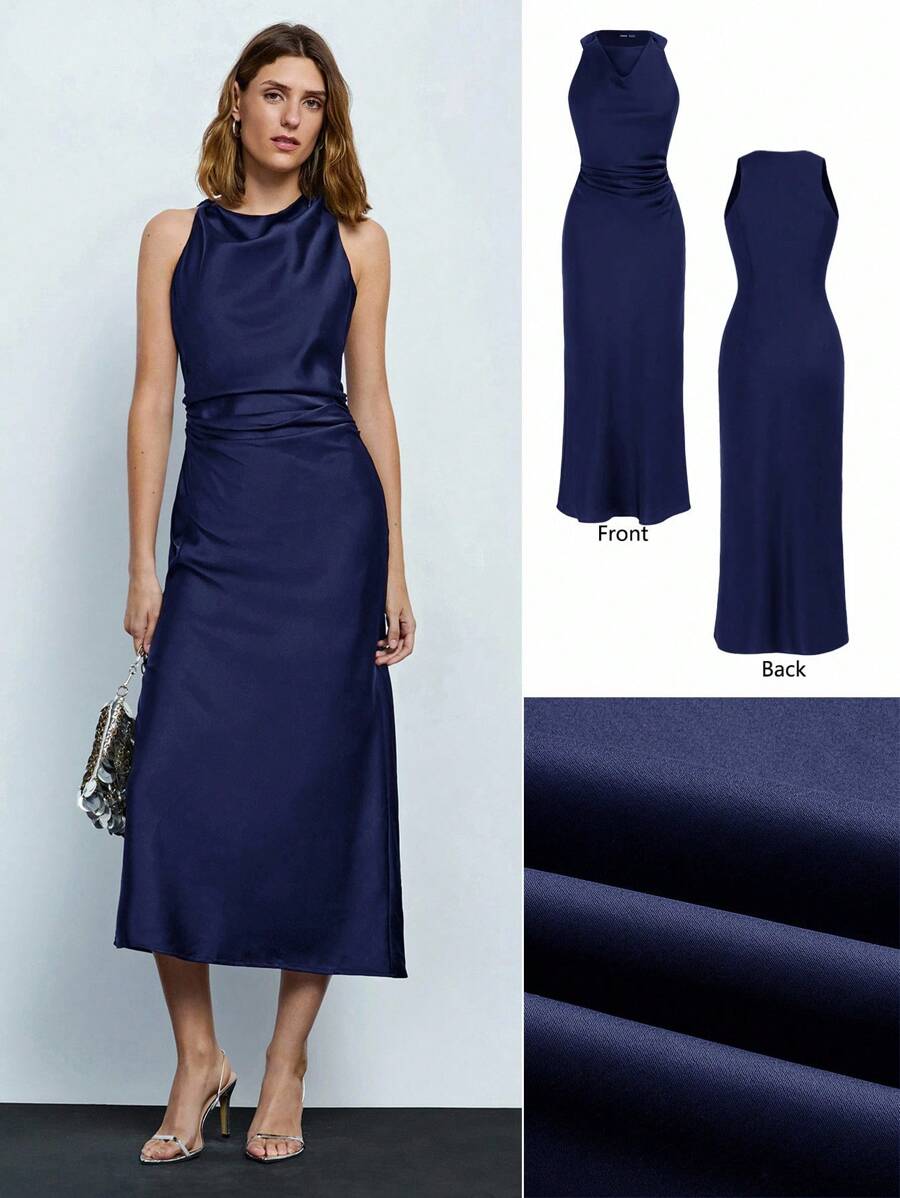 Maija 女士优雅无袖长款荷叶边领褶皱连衣裙，商务休闲，秋季 - 藍色 - 查看 1