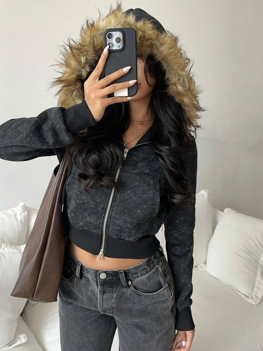 SHEIN EZwear 女士休闲蓬松连帽长袖运动衫 - 黑色 - 查看 1