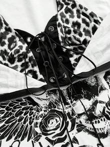 ROMWE Grunge Punk Cross Pendant Punk Skull Print 2 In 1 Leopard Print Tight Fit Women T-Shirt, Suitable For Concert Festival Outfits - White - View 3