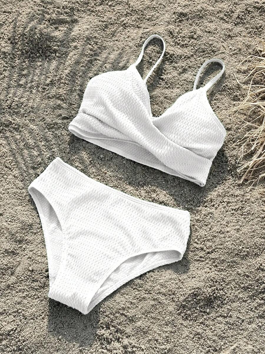 SHEIN Bộ đồ bơi hai dây dệt kim trơn màu cho bé gái tuổi mới lớn, mùa xuân/hè - trắng - Xem 1