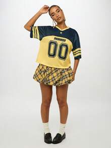 SUMWON WOMEN Varsity Jersey College Style Sporty Cheerleader Top Nostalgic Y2K Fashion Oversized Relaxed Number Print School Spirit Aesthetic Bold Casual Streetwear Prep School Retro Vibe Team Look - Yellow - View 3